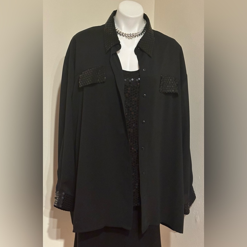 JORDAN II Black Sequence  & sheer Top & Button Down Set Formal Blouse Sz 24W/ 44